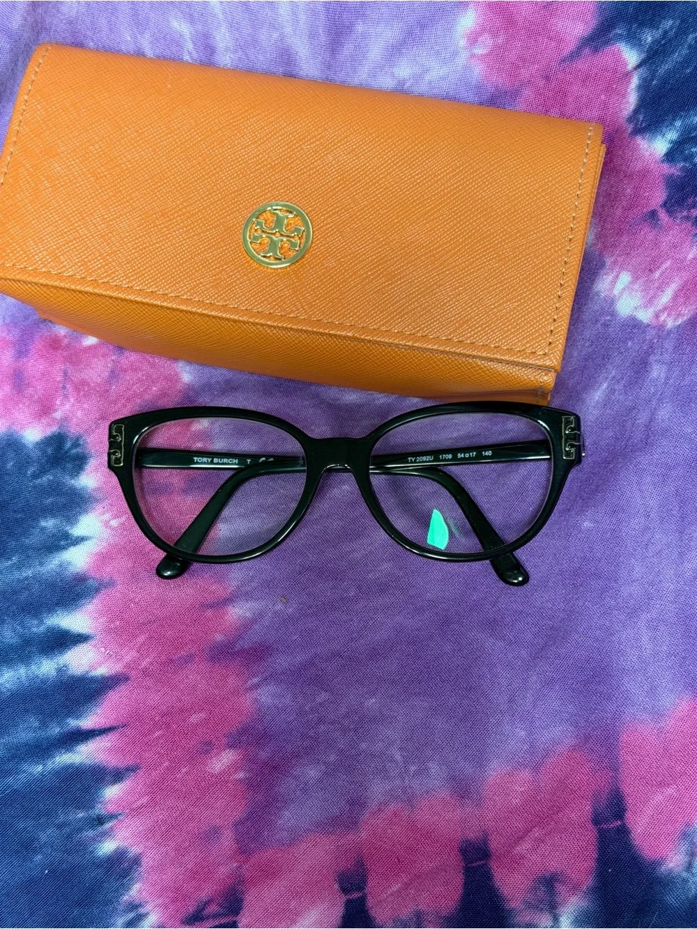 Tory Burch Black Cat-Eye Glasses with Orange Case and Gold Logo
